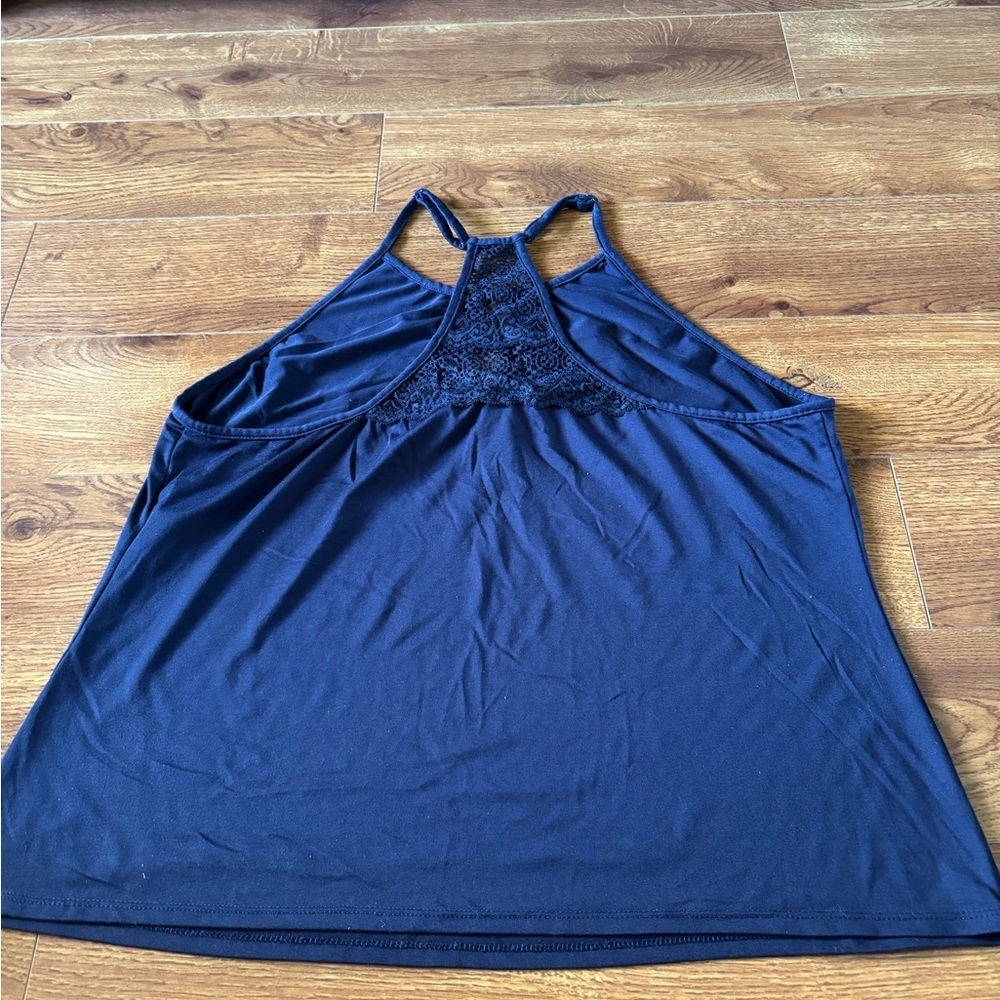 In Bloom Navy Blue Lace-Trim Racerback Tank in size L